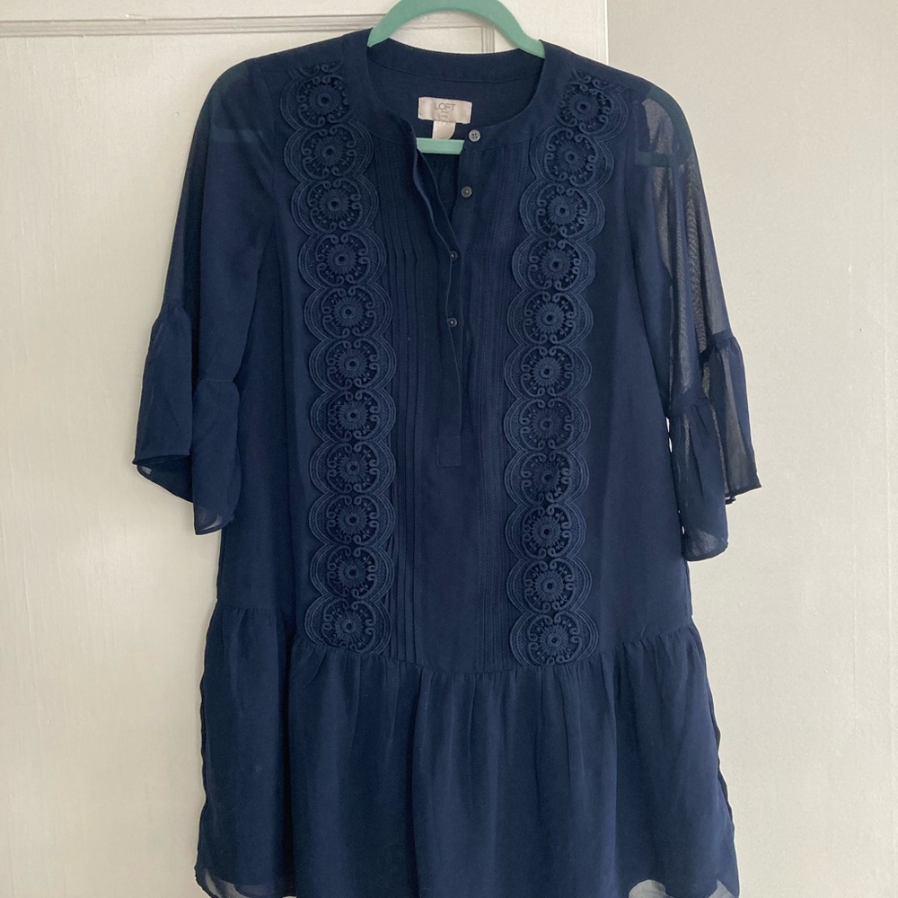 LOFT Navy Embroidered Button-Front Blouse